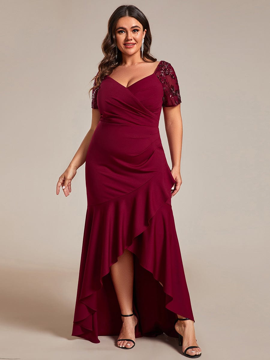 V-Neck High-Low Fishtail Sequin Sleeve Evening Dress