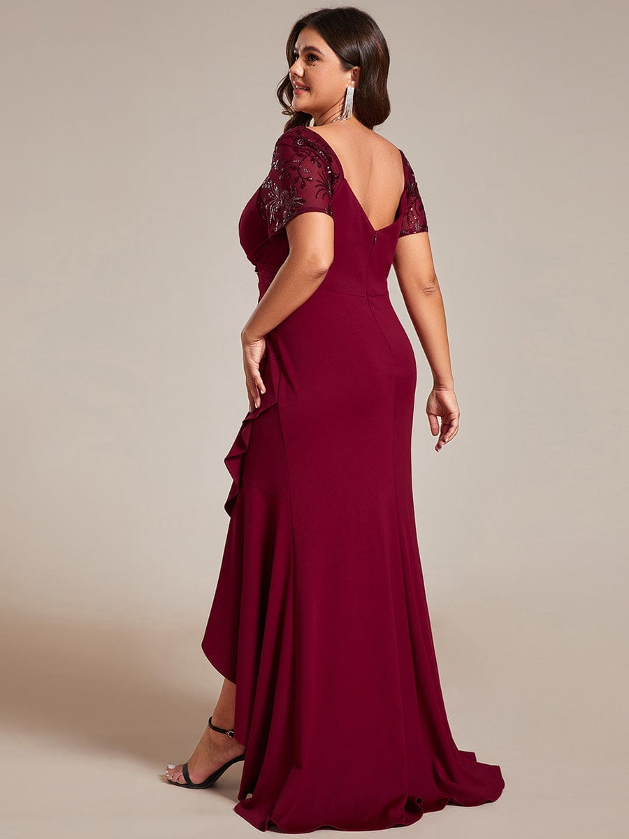 V-Neck High-Low Fishtail Sequin Sleeve Evening Dress