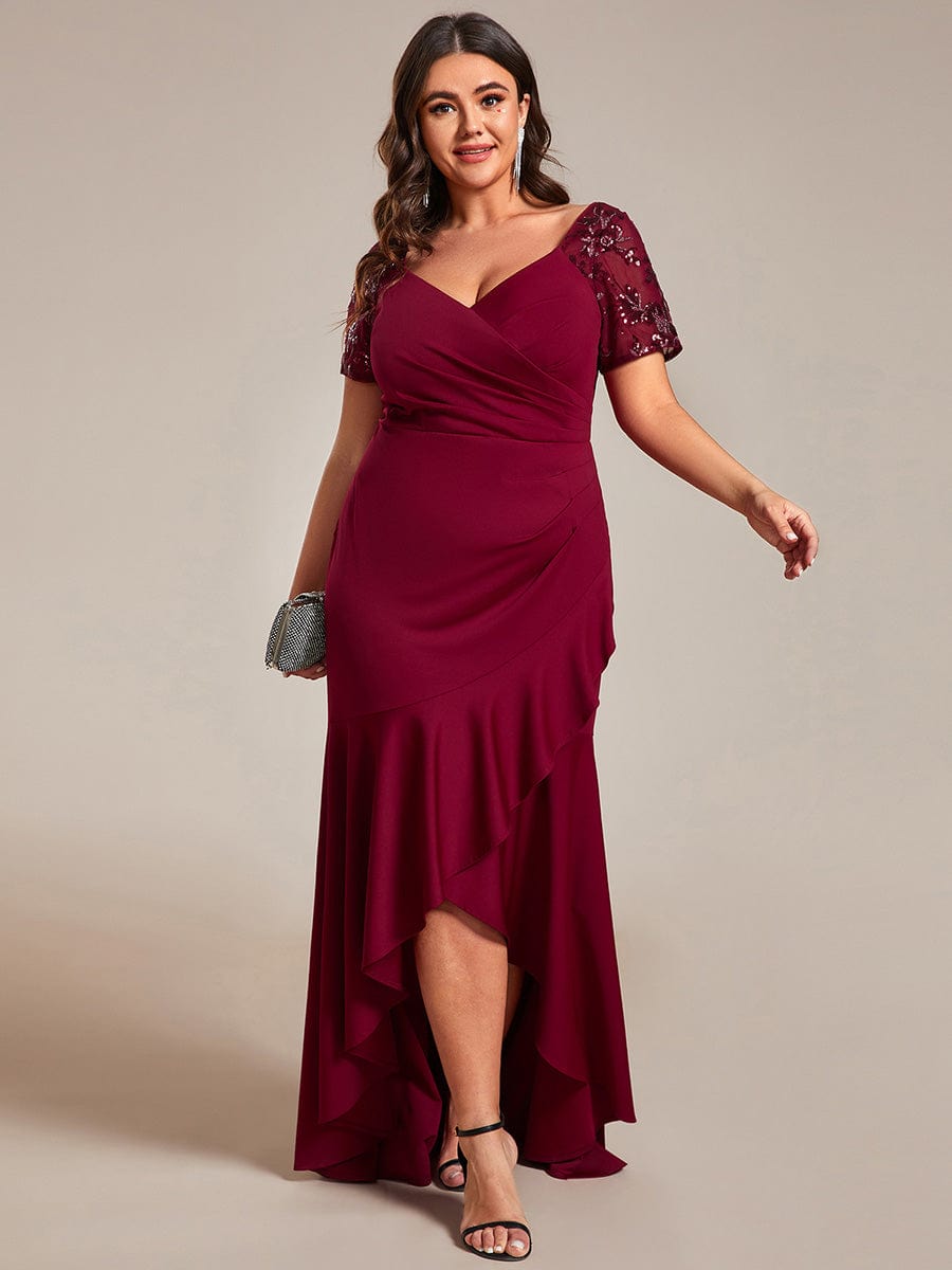 V-Neck High-Low Fishtail Sequin Sleeve Evening Dress