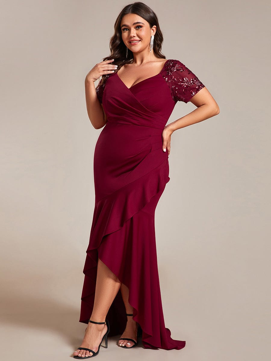 V-Neck High-Low Fishtail Sequin Sleeve Evening Dress