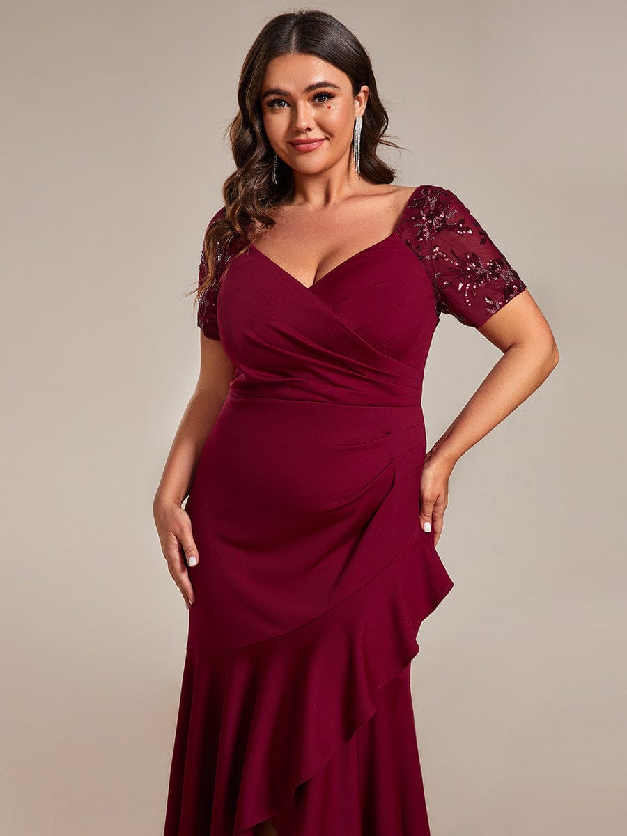 V-Neck High-Low Fishtail Sequin Sleeve Evening Dress