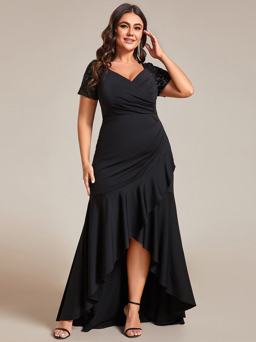 V-Neck High-Low Fishtail Sequin Sleeve Evening Dress