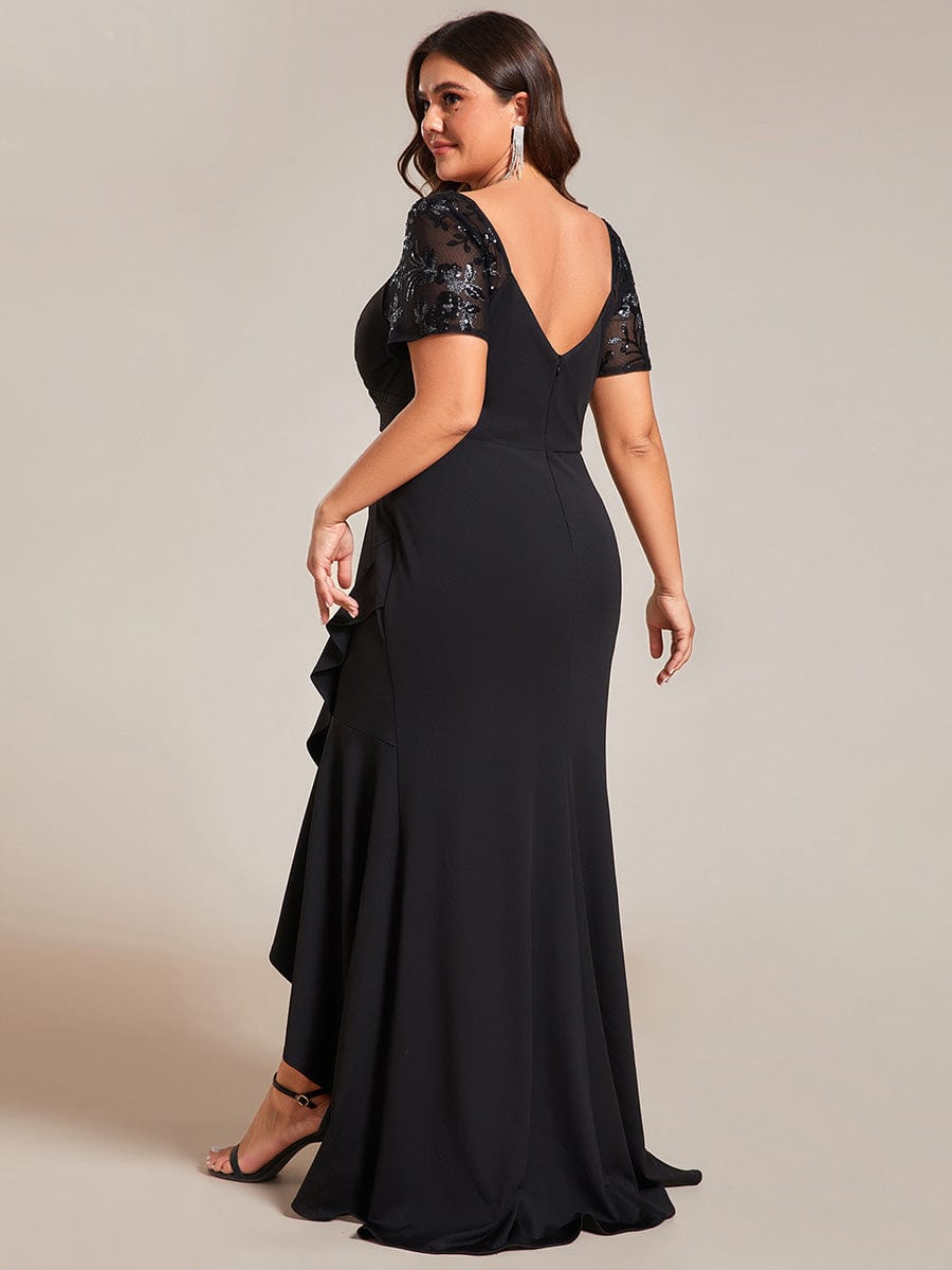 V-Neck High-Low Fishtail Sequin Sleeve Evening Dress