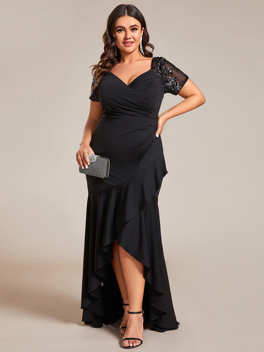 V-Neck High-Low Fishtail Sequin Sleeve Evening Dress