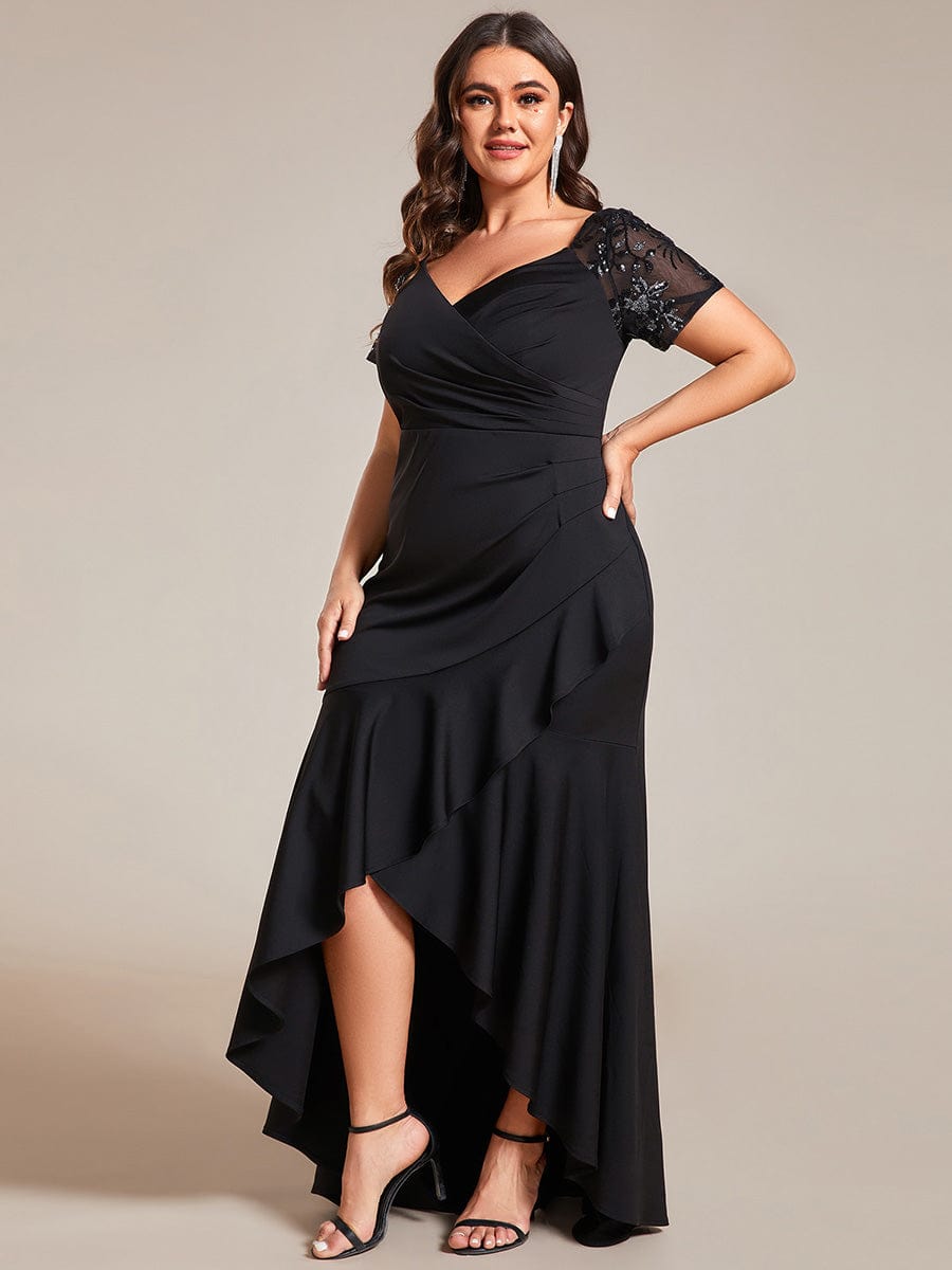 V-Neck High-Low Fishtail Sequin Sleeve Evening Dress