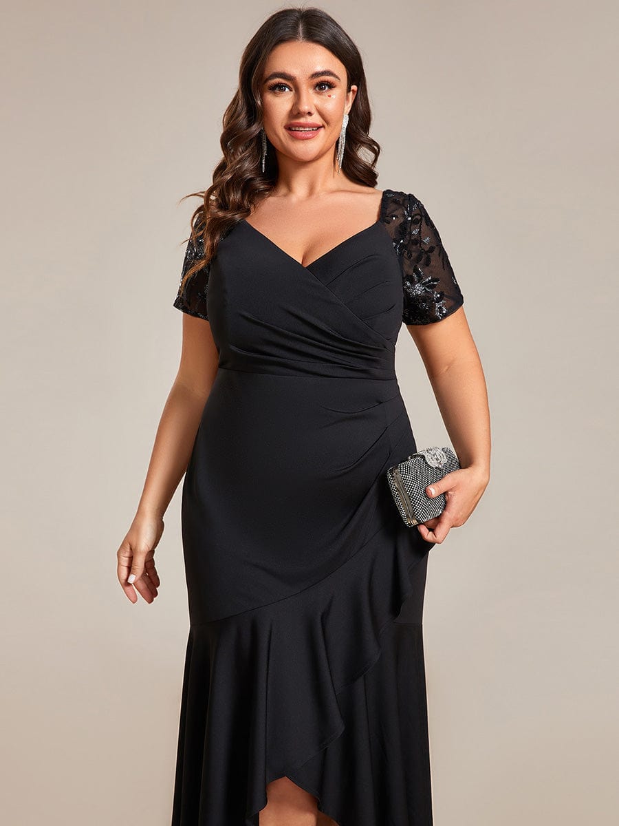 V-Neck High-Low Fishtail Sequin Sleeve Evening Dress