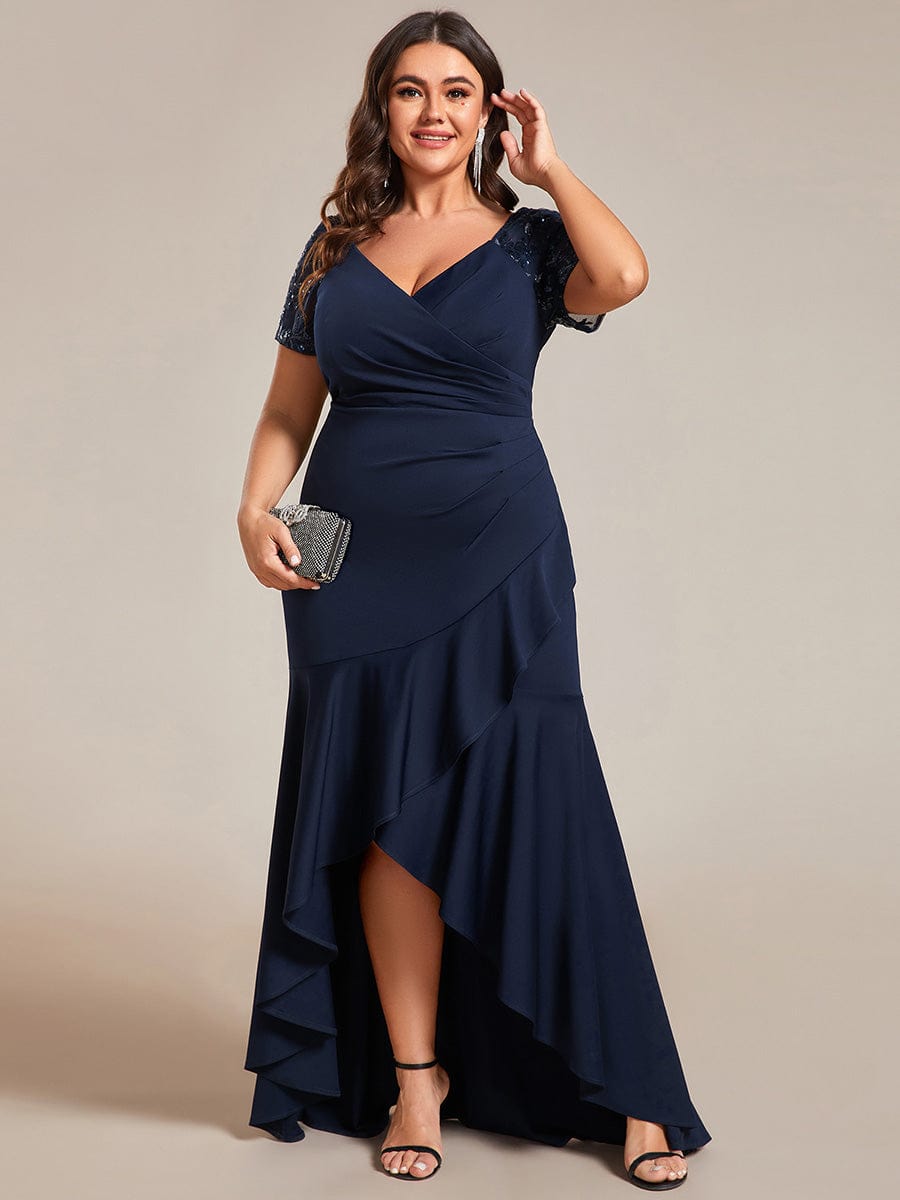 V-Neck High-Low Fishtail Sequin Sleeve Evening Dress
