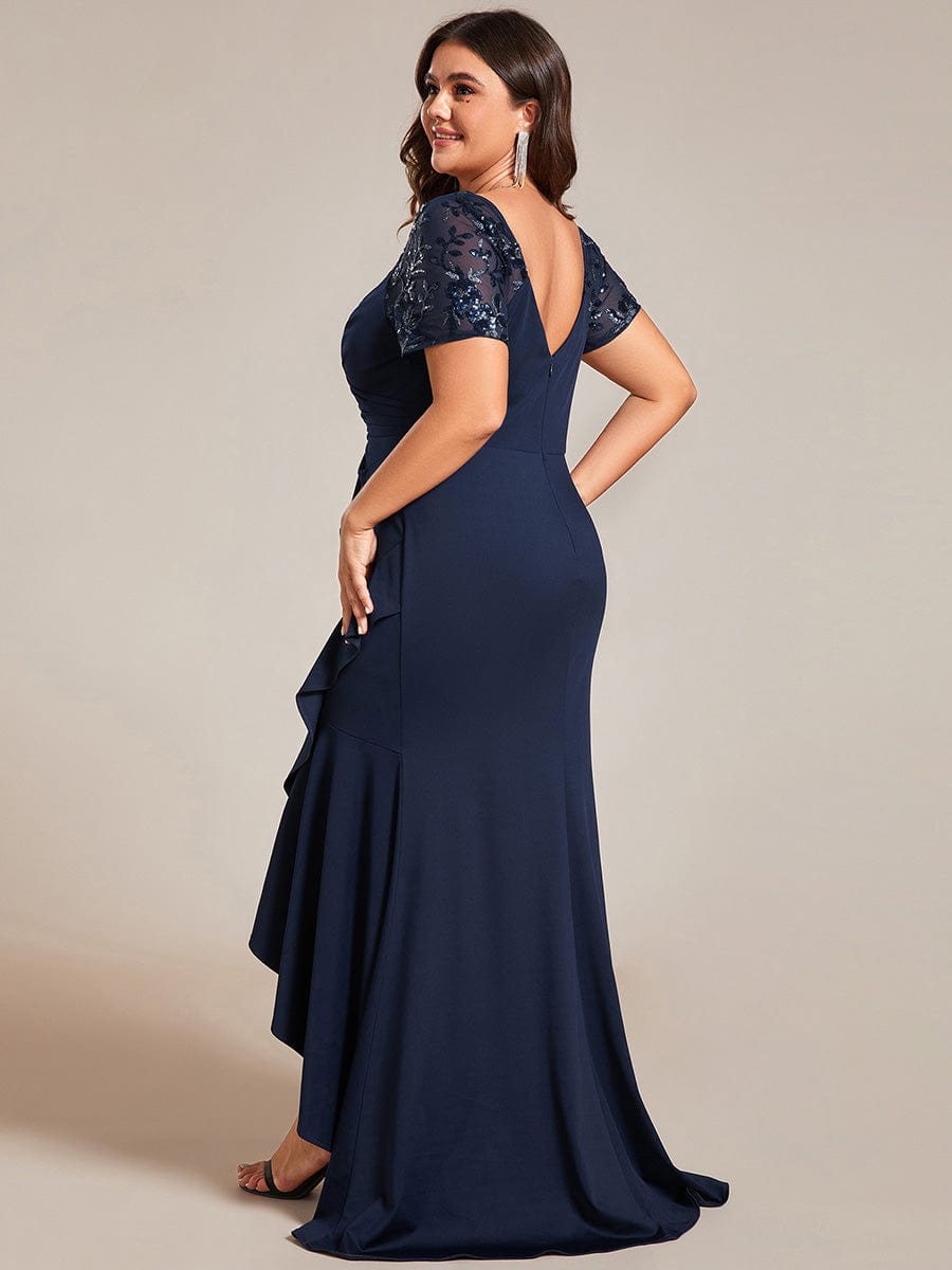 V-Neck High-Low Fishtail Sequin Sleeve Evening Dress