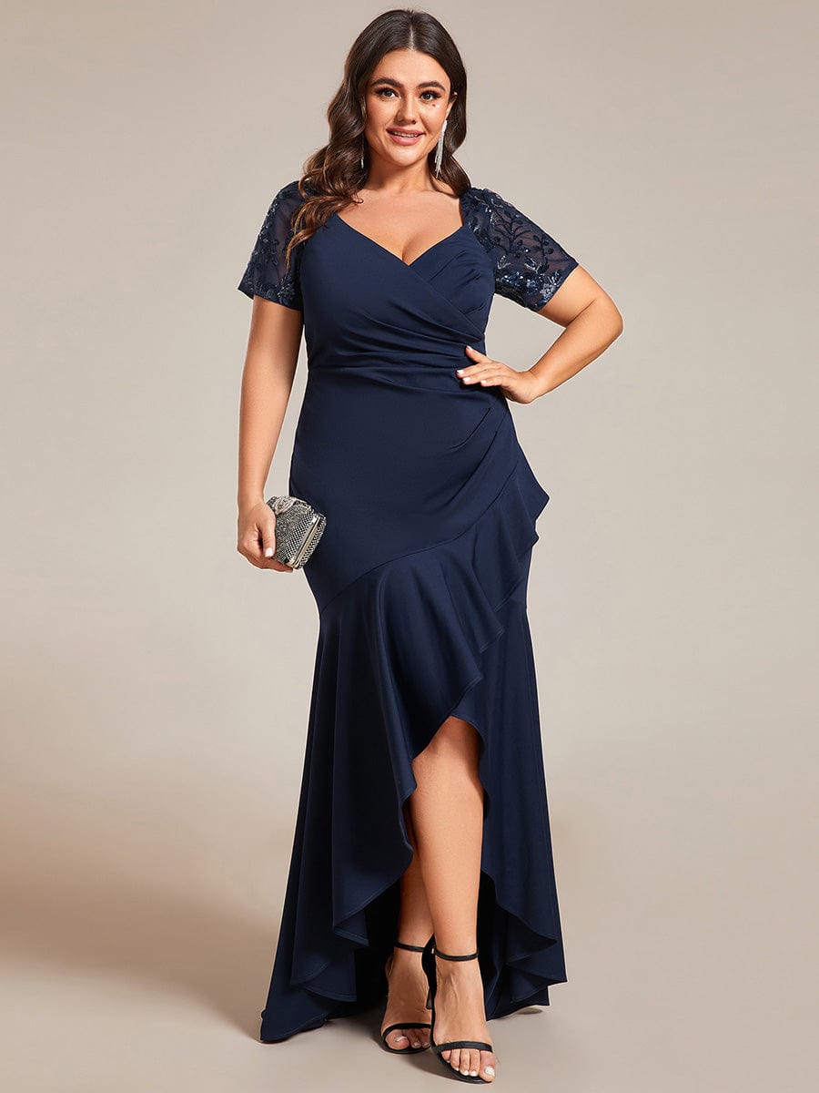 V-Neck High-Low Fishtail Sequin Sleeve Evening Dress