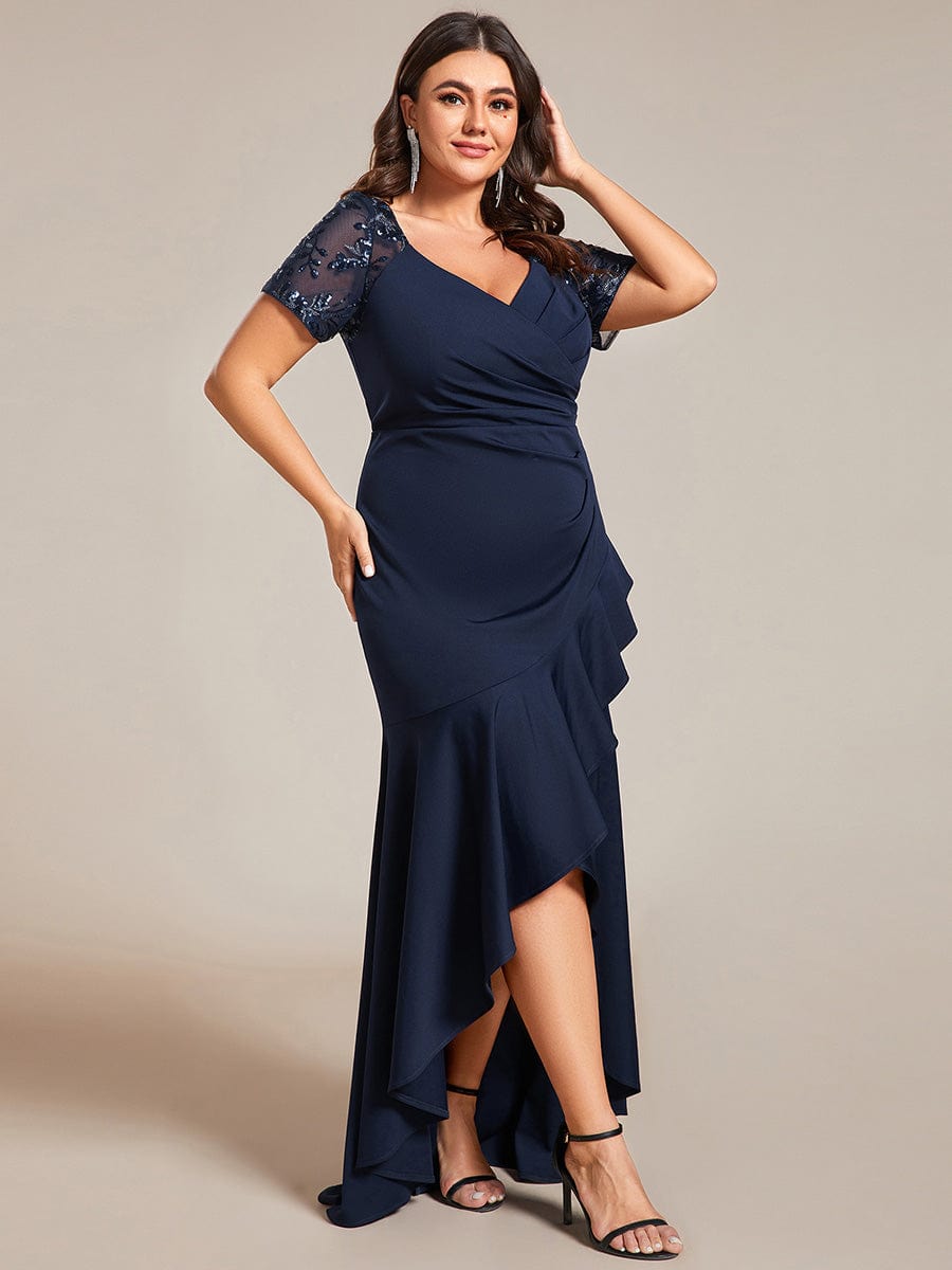 V-Neck High-Low Fishtail Sequin Sleeve Evening Dress