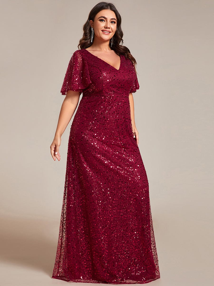 Sequin Embellished Plus Size Formal Evening Dress with Sheer Sleeves