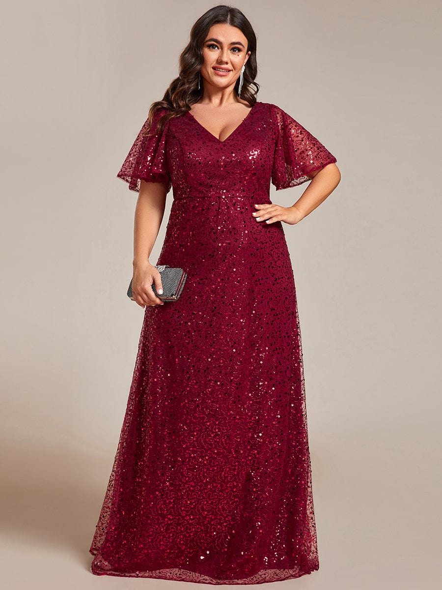 Sequin Embellished Plus Size Formal Evening Dress with Sheer Sleeves