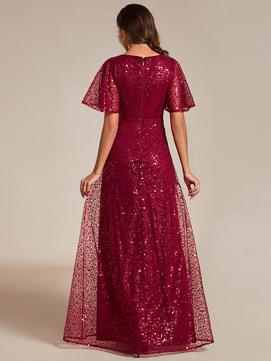 Sparkling Short Sleeves Sequin A-Line Evening Gown