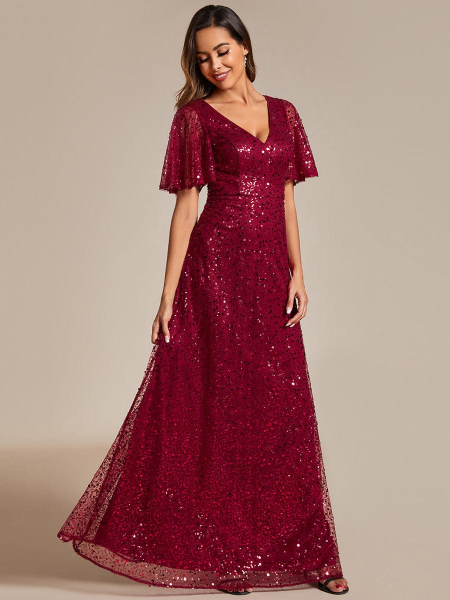 Sparkling Short Sleeves Sequin A-Line Evening Gown