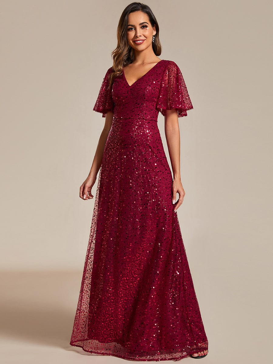 Sparkling Short Sleeves Sequin A-Line Evening Gown