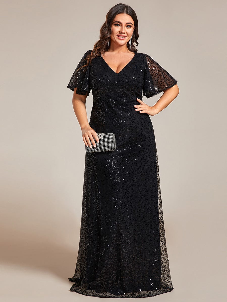 Sparkling Short Sleeves Sequin A-Line Evening Gown