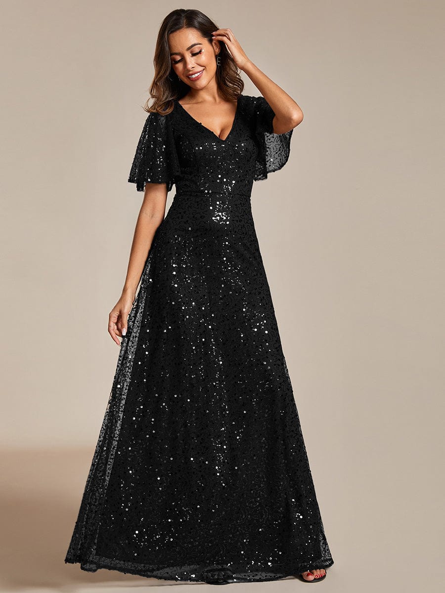 Sparkling Short Sleeves Sequin A-Line Evening Gown
