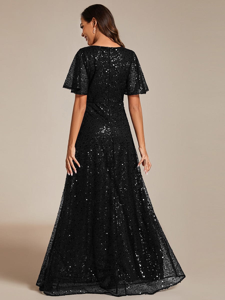 Sparkling Short Sleeves Sequin A-Line Evening Gown