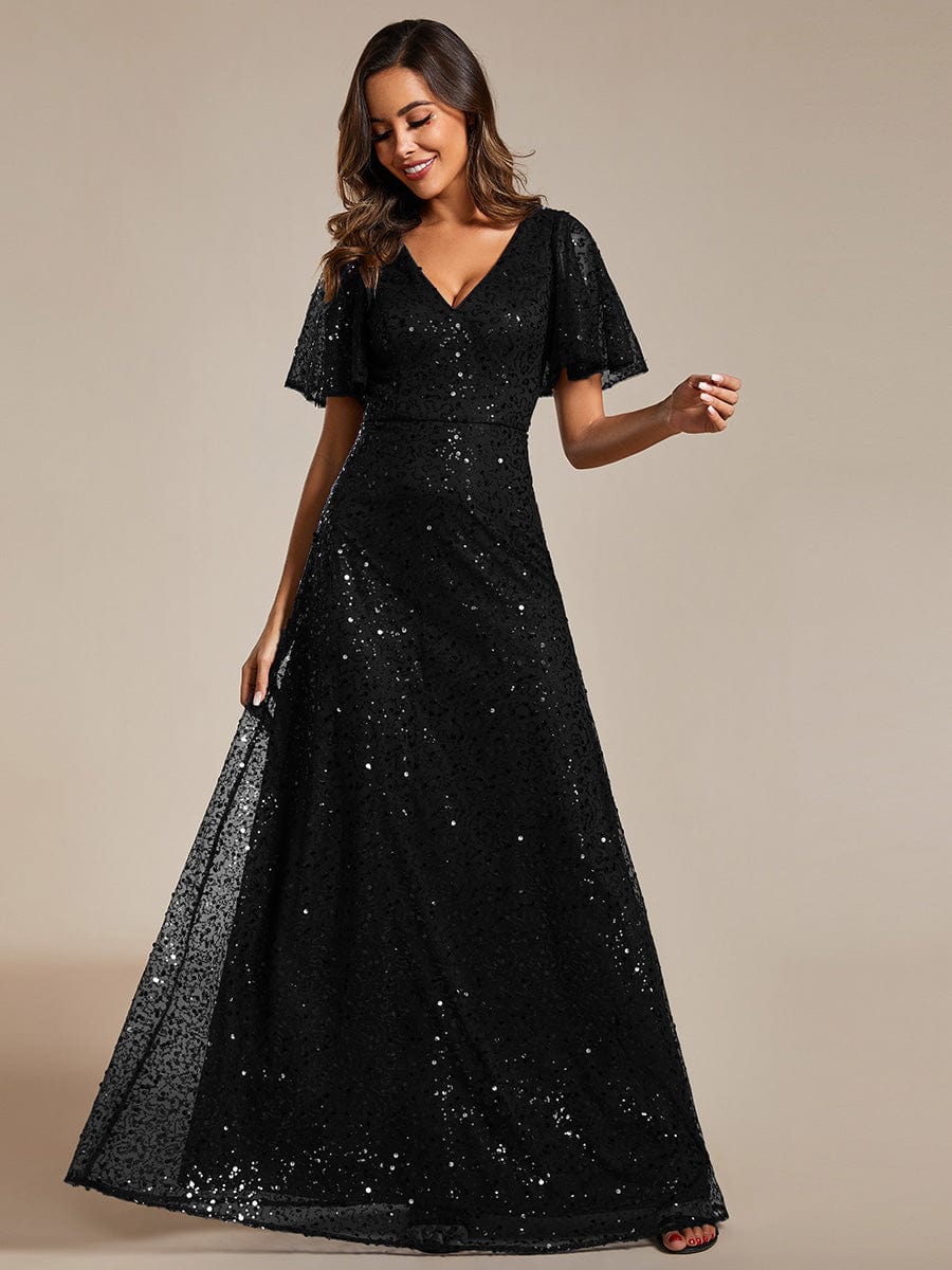 Sparkling Short Sleeves Sequin A-Line Evening Gown
