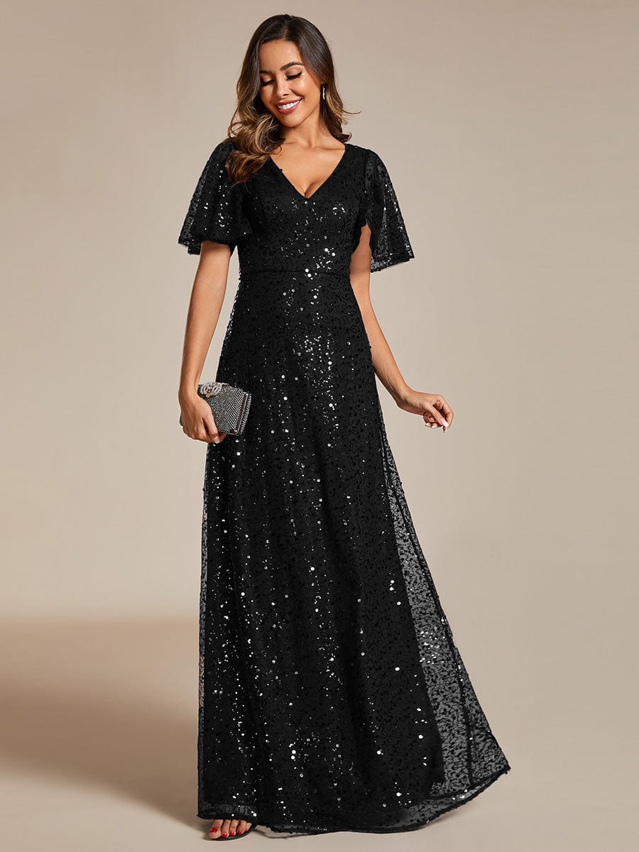 Sparkling Short Sleeves Sequin A-Line Evening Gown