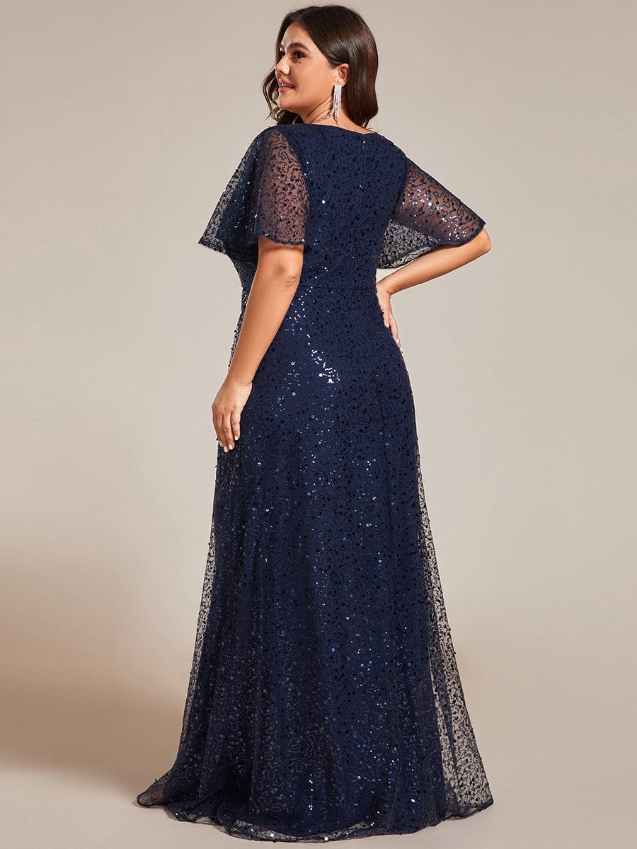 Sparkling Short Sleeves Sequin A-Line Evening Gown