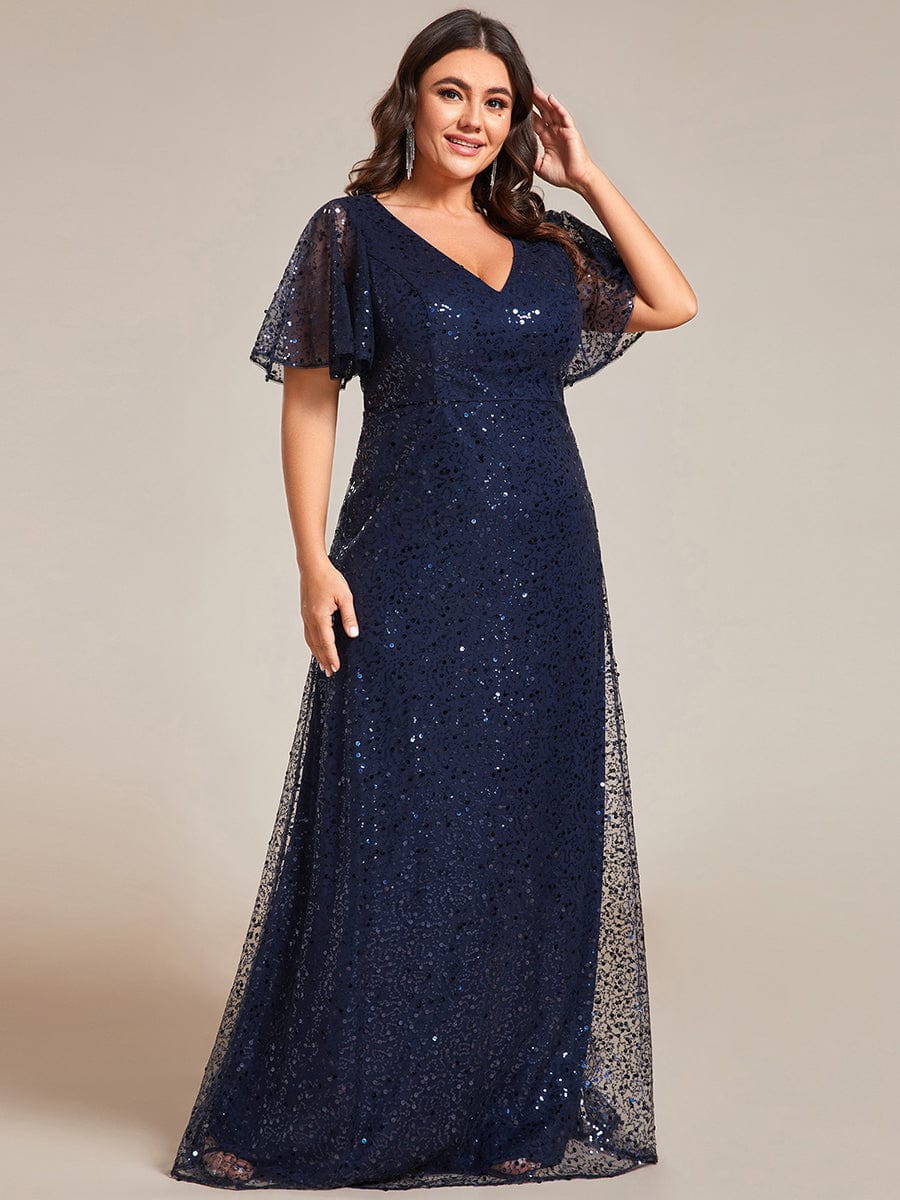Sparkling Short Sleeves Sequin A-Line Evening Gown