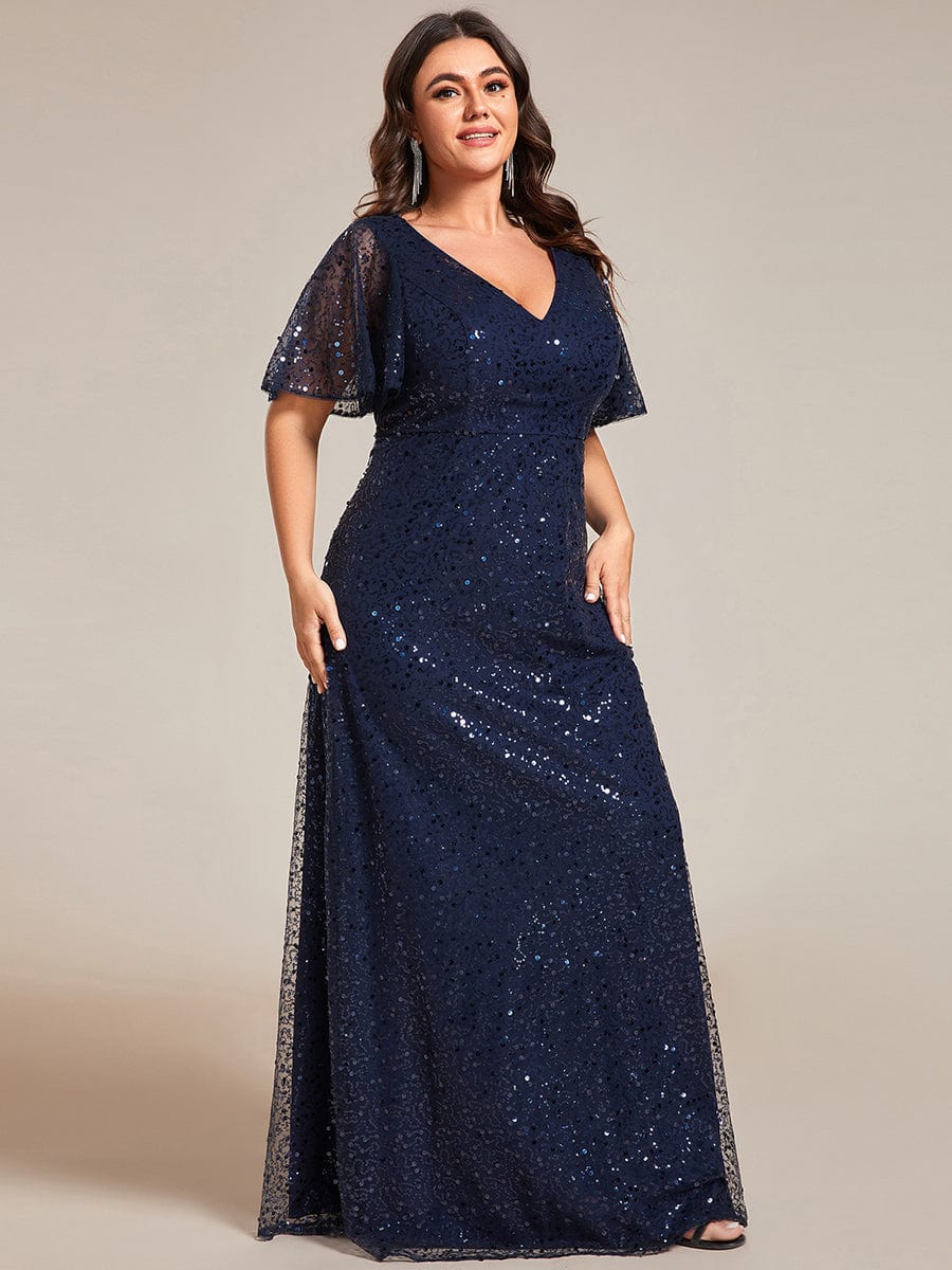 Sequin Embellished Plus Size Formal Evening Dress with Sheer Sleeves