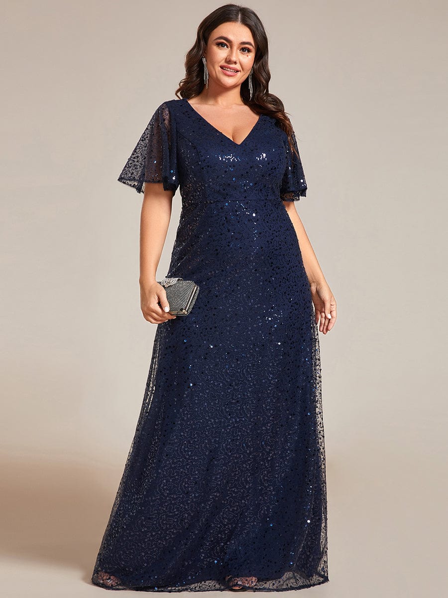 Sequin Embellished Plus Size Formal Evening Dress with Sheer Sleeves
