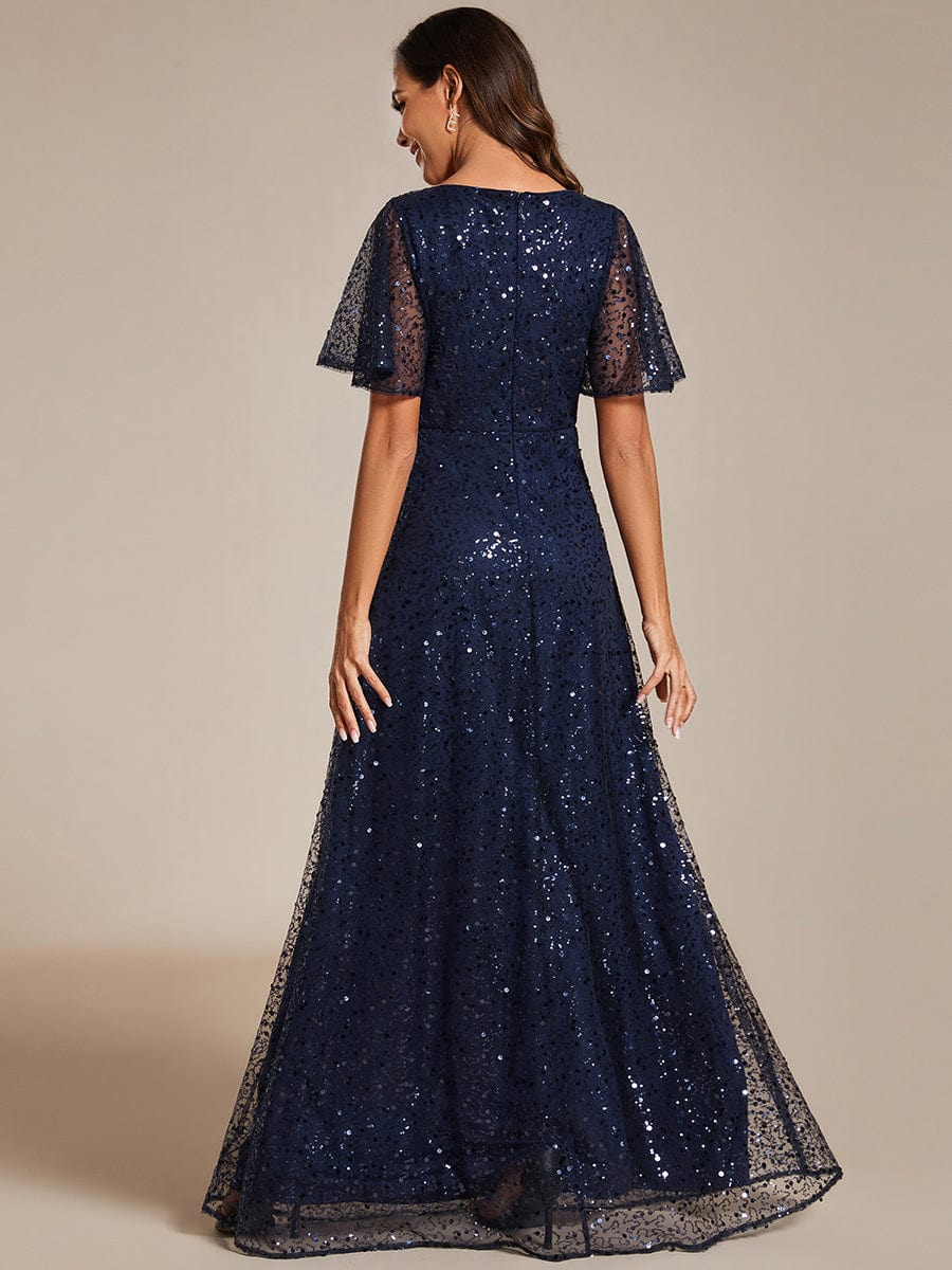 Sparkling Short Sleeves Sequin A-Line Evening Gown