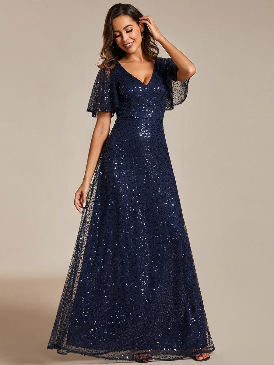 Sparkling Short Sleeves Sequin A-Line Evening Gown
