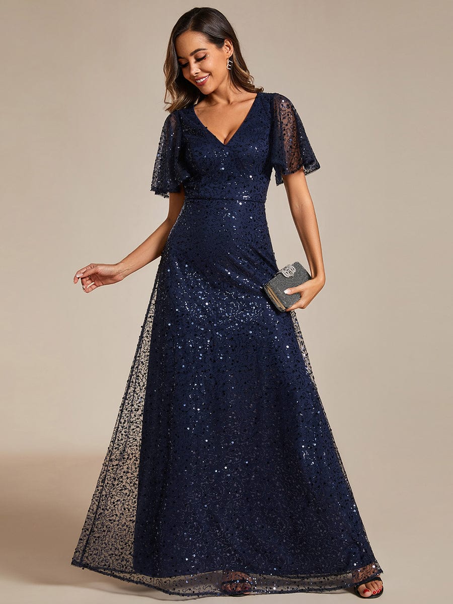 Sparkling Short Sleeves Sequin A-Line Evening Gown