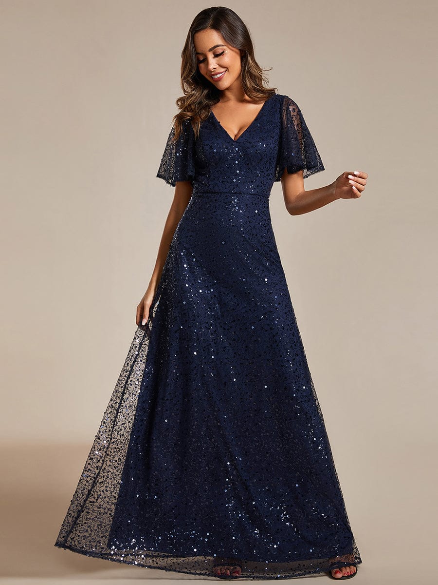 Sparkling Short Sleeves Sequin A-Line Evening Gown