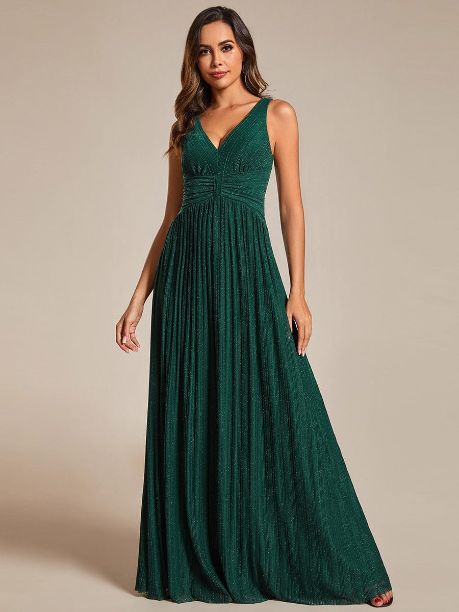 Shimmery Sleeveless Pleated Empire Waist A-Line Evening Gown
