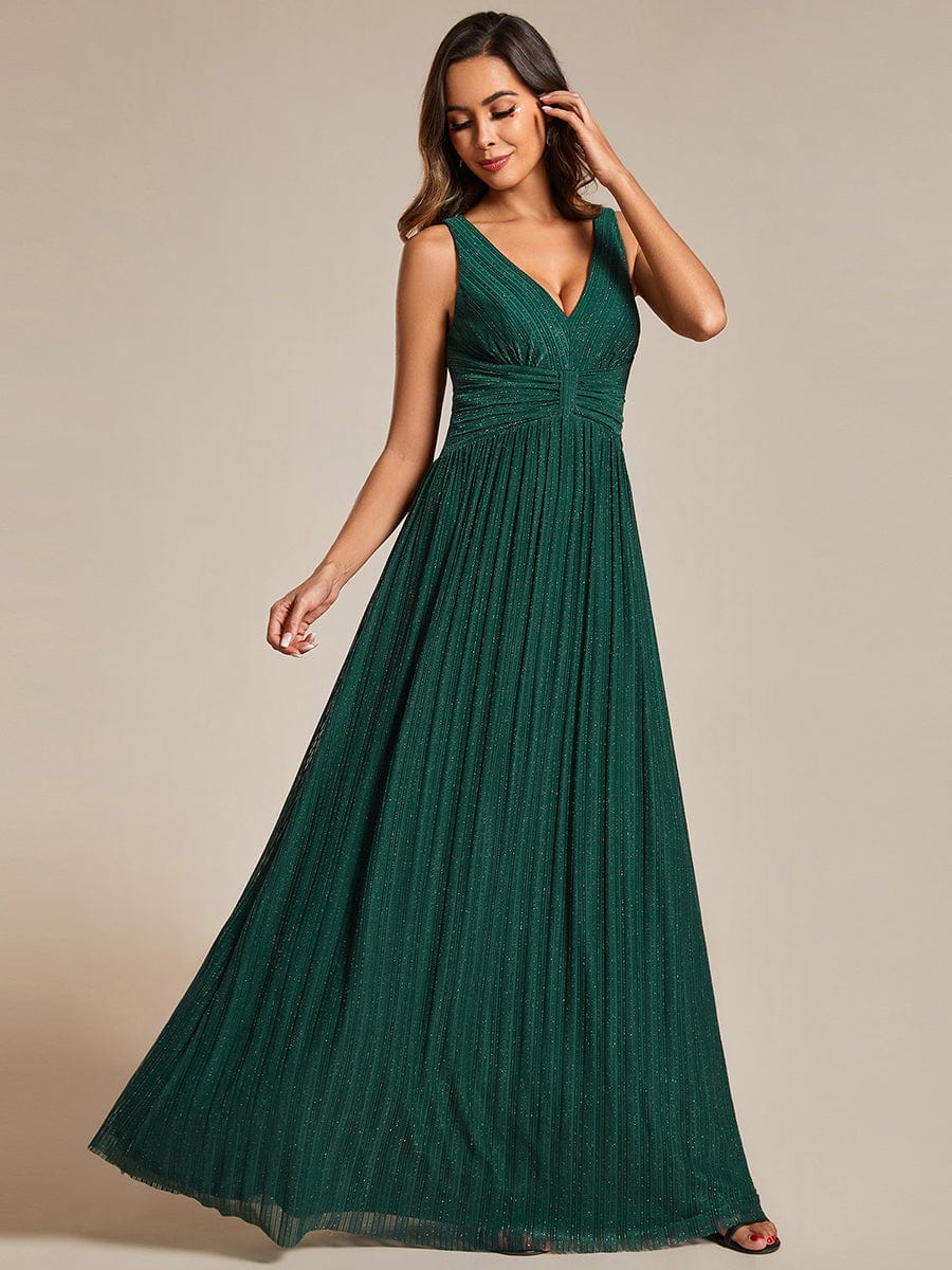Shimmery Sleeveless Pleated Empire Waist A-Line Evening Gown