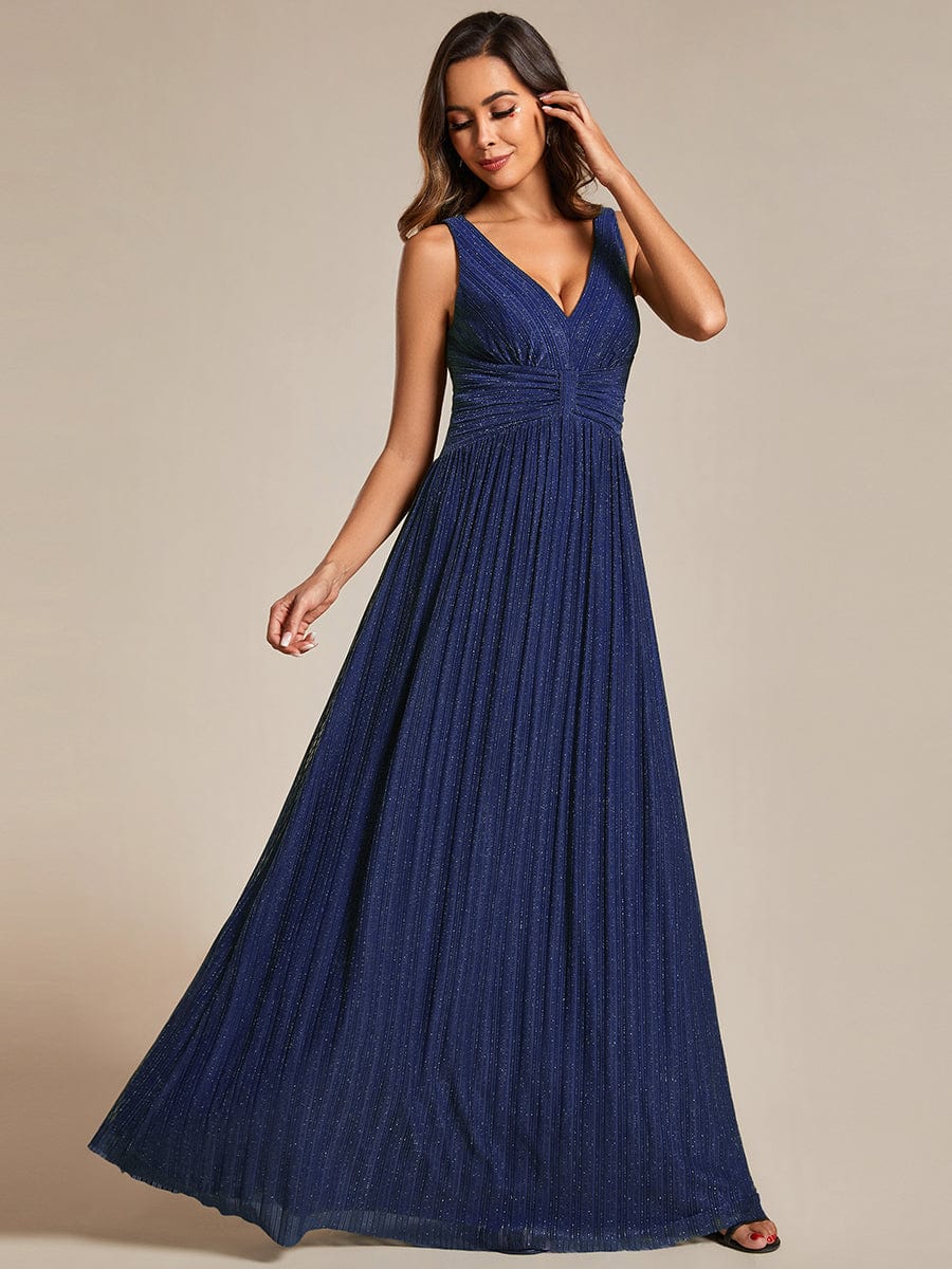 Shimmery Sleeveless Pleated Empire Waist A-Line Evening Gown