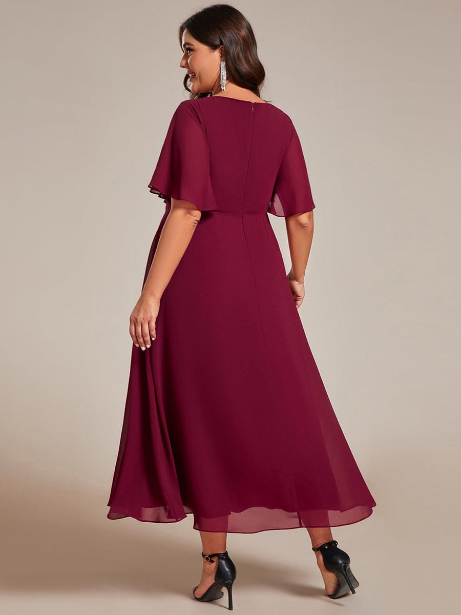 Floral Applique Plus Size V-Neck Short Sleeves Wedding Guest Dress