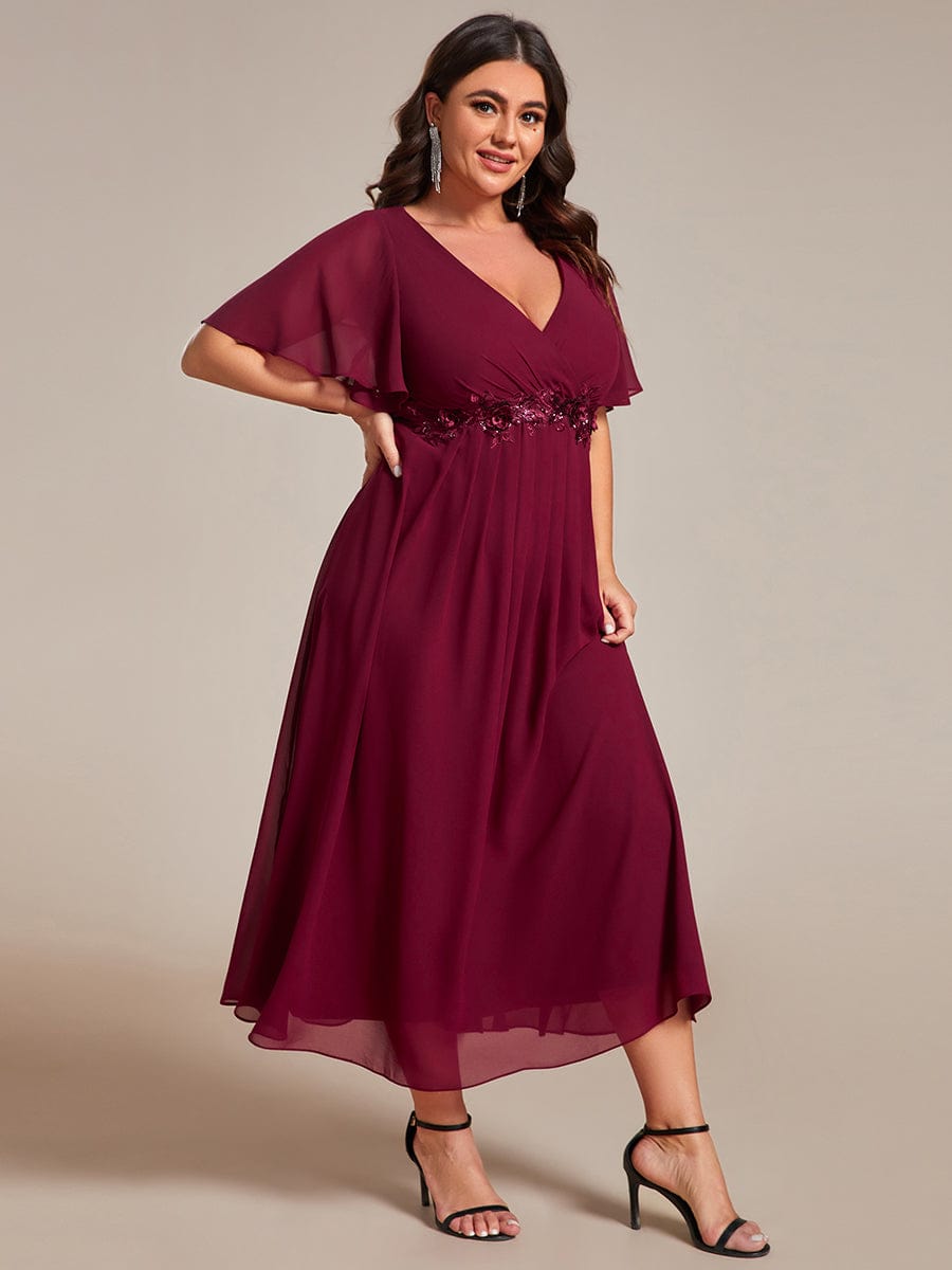 Floral Applique Plus Size V-Neck Short Sleeves Wedding Guest Dress