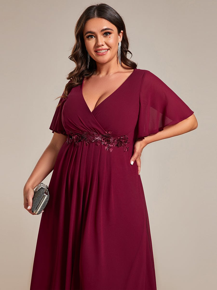 Floral Applique Plus Size V-Neck Short Sleeves Wedding Guest Dress