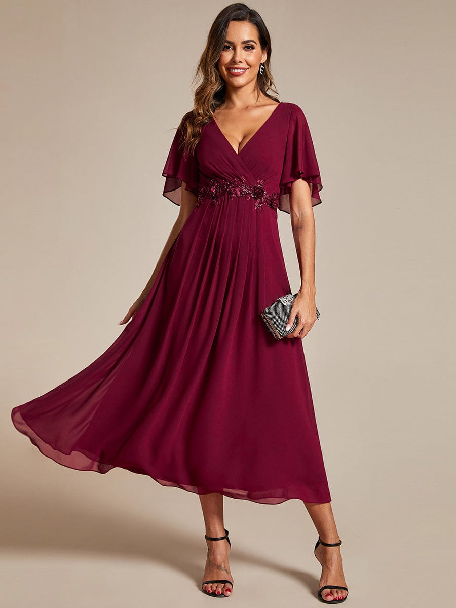 Tea-Length V-Neck Wedding Guest Dress with Floral Details