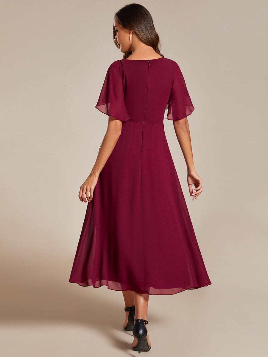 Tea-Length V-Neck Wedding Guest Dress with Floral Details