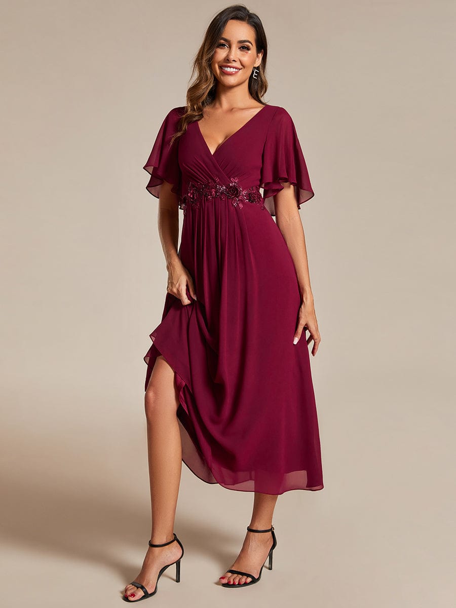 Tea-Length V-Neck Wedding Guest Dress with Floral Details
