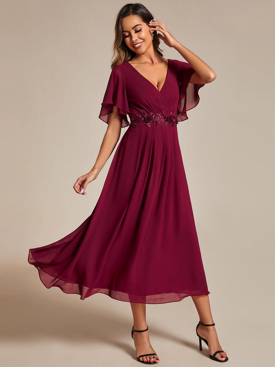 Tea-Length V-Neck Wedding Guest Dress with Floral Details
