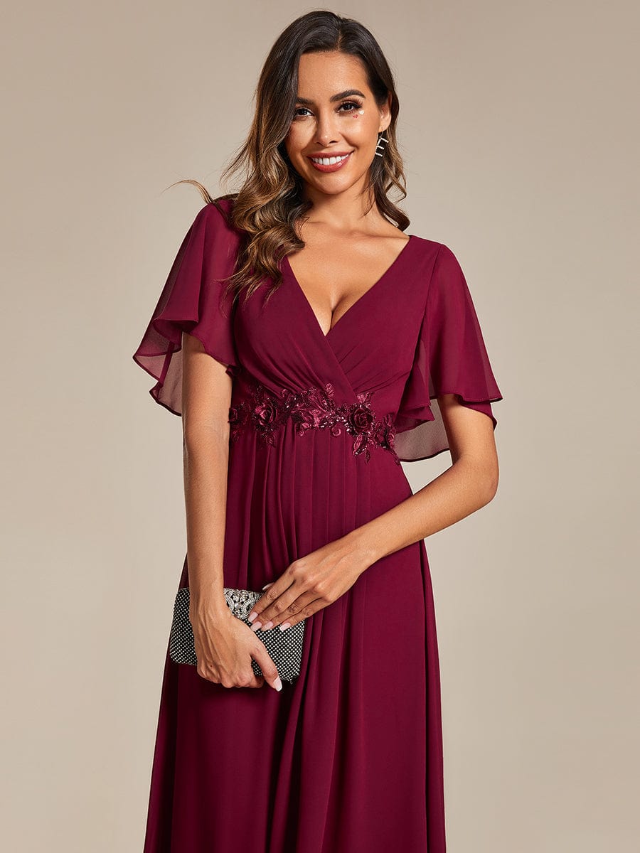 Tea-Length V-Neck Wedding Guest Dress with Floral Details