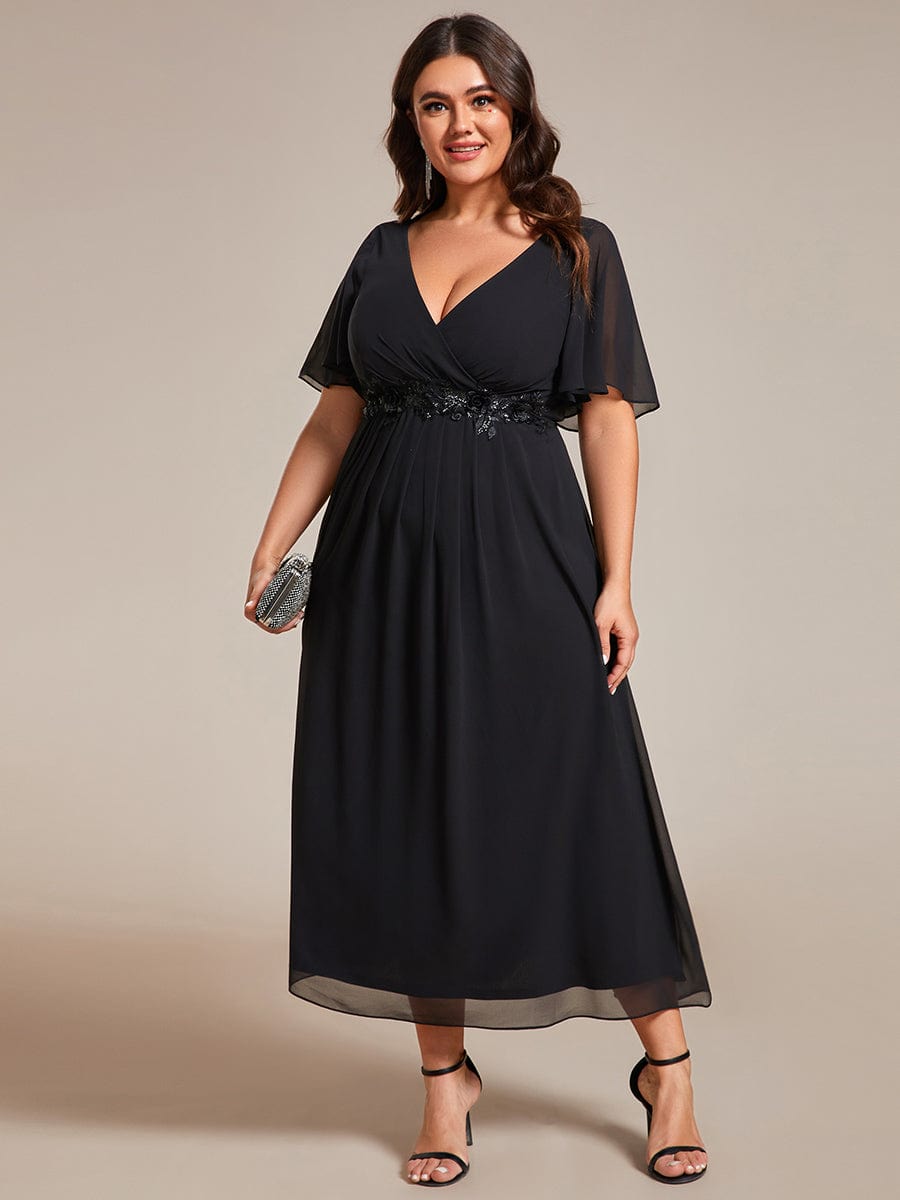 Tea-Length V-Neck Wedding Guest Dress with Floral Details