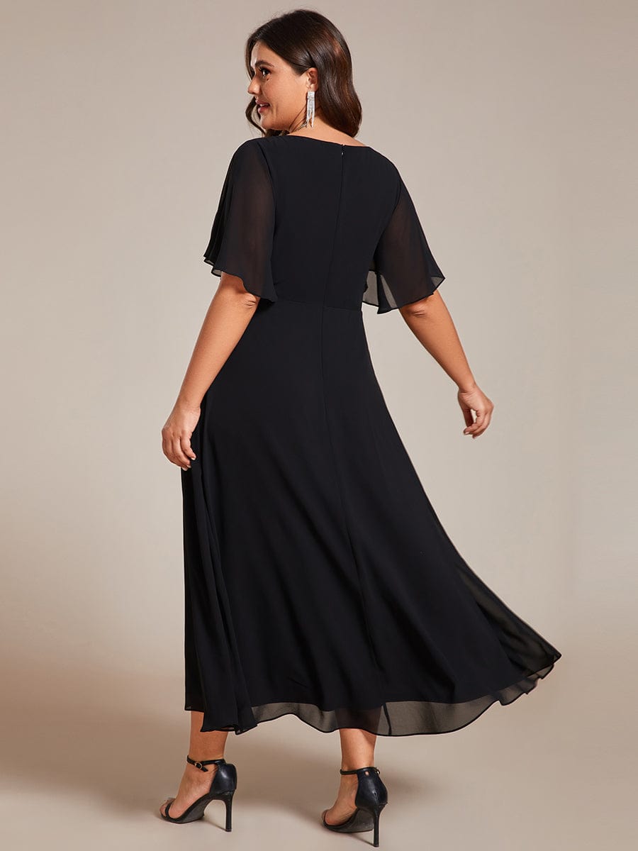 Tea-Length V-Neck Wedding Guest Dress with Floral Details