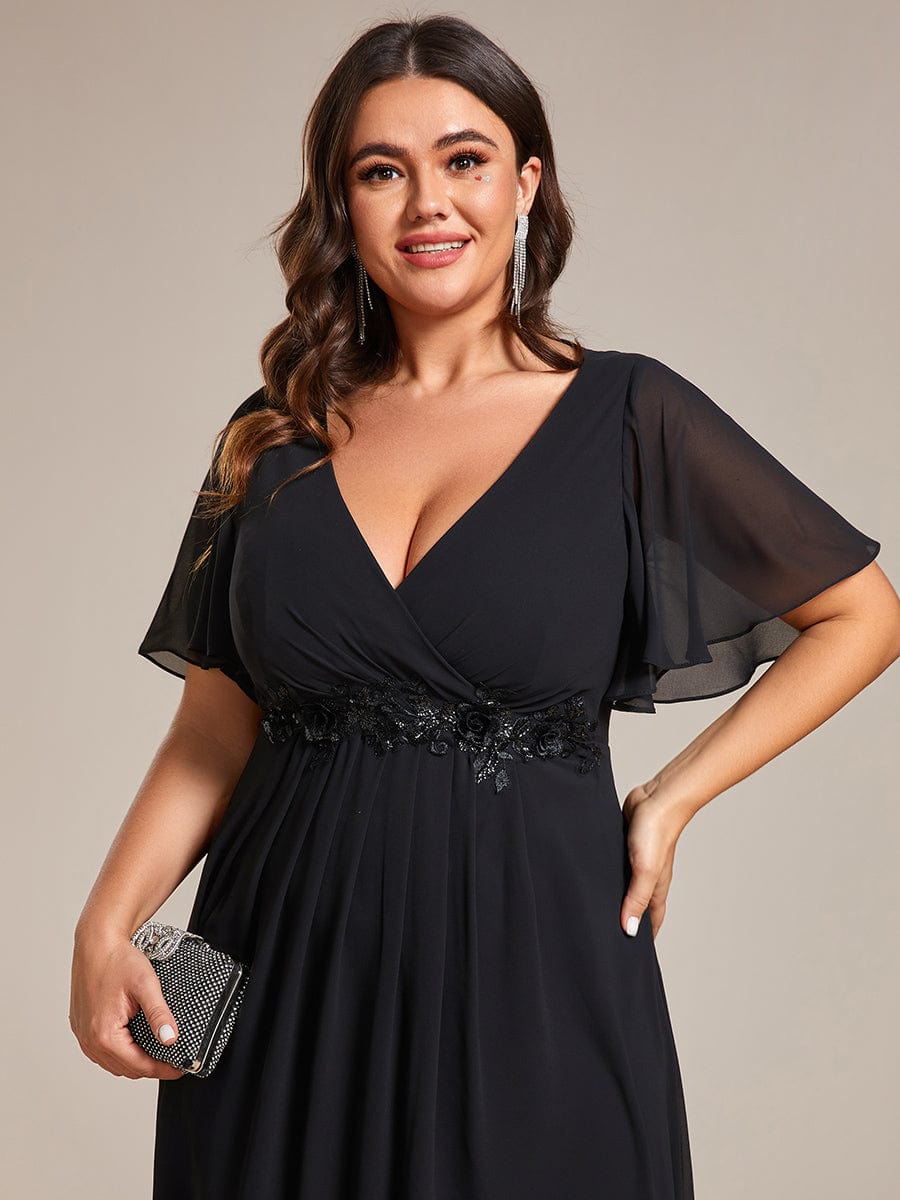 Floral Applique Plus Size V-Neck Short Sleeves Wedding Guest Dress