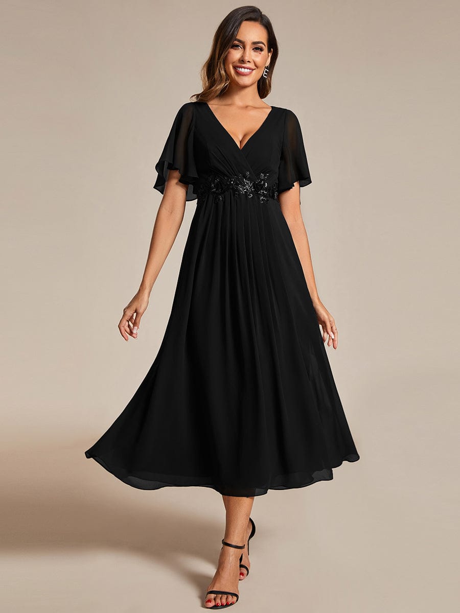 Tea-Length V-Neck Wedding Guest Dress with Floral Details