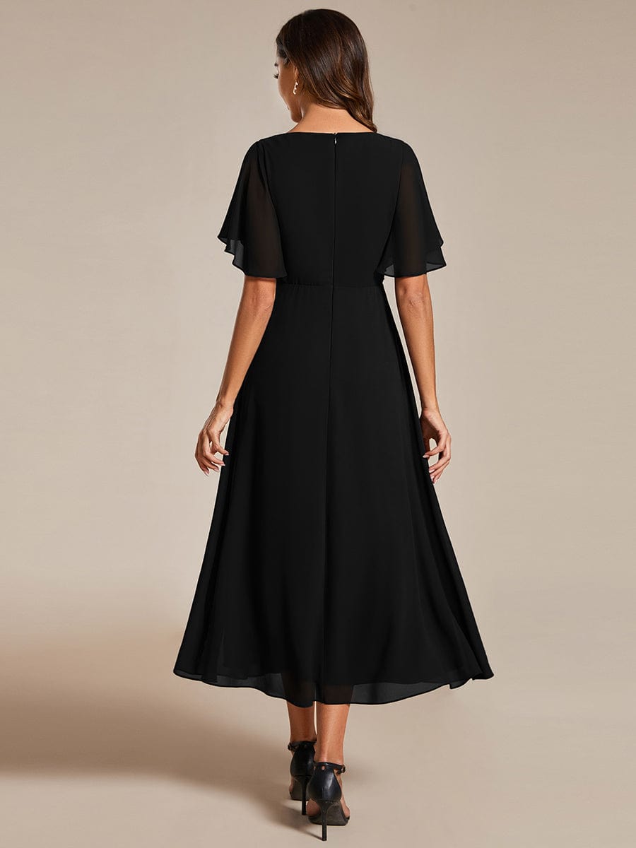 Tea-Length V-Neck Wedding Guest Dress with Floral Details