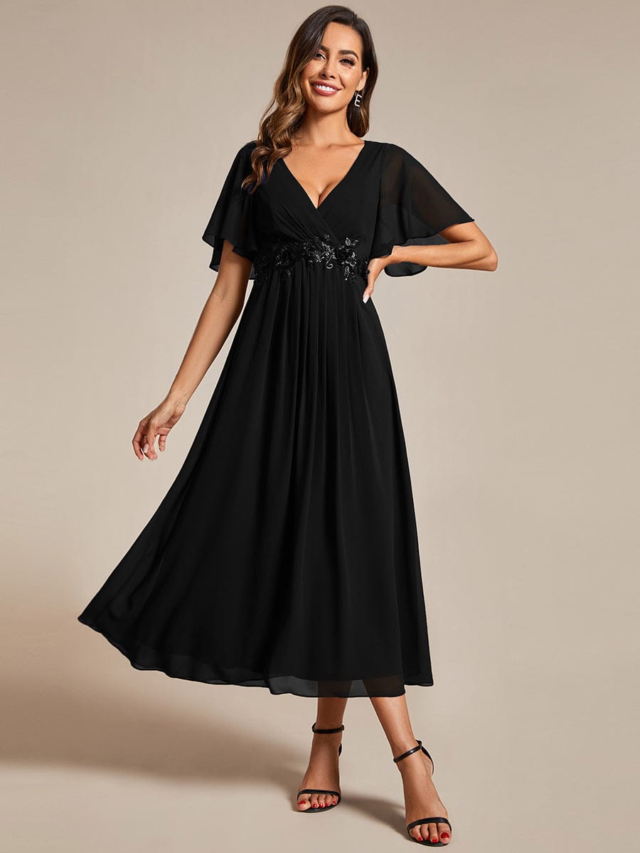 Tea-Length V-Neck Wedding Guest Dress with Floral Details