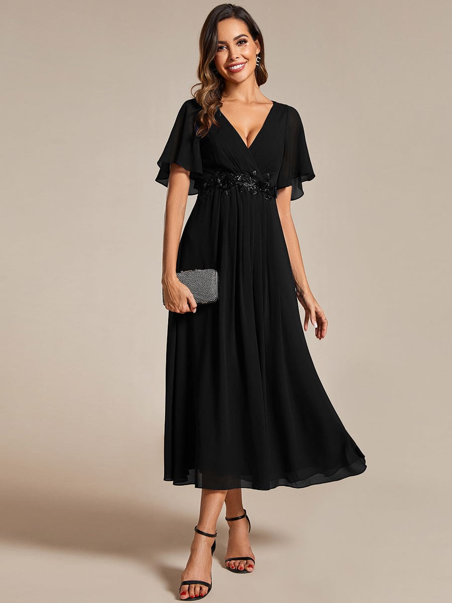 Tea-Length V-Neck Wedding Guest Dress with Floral Details